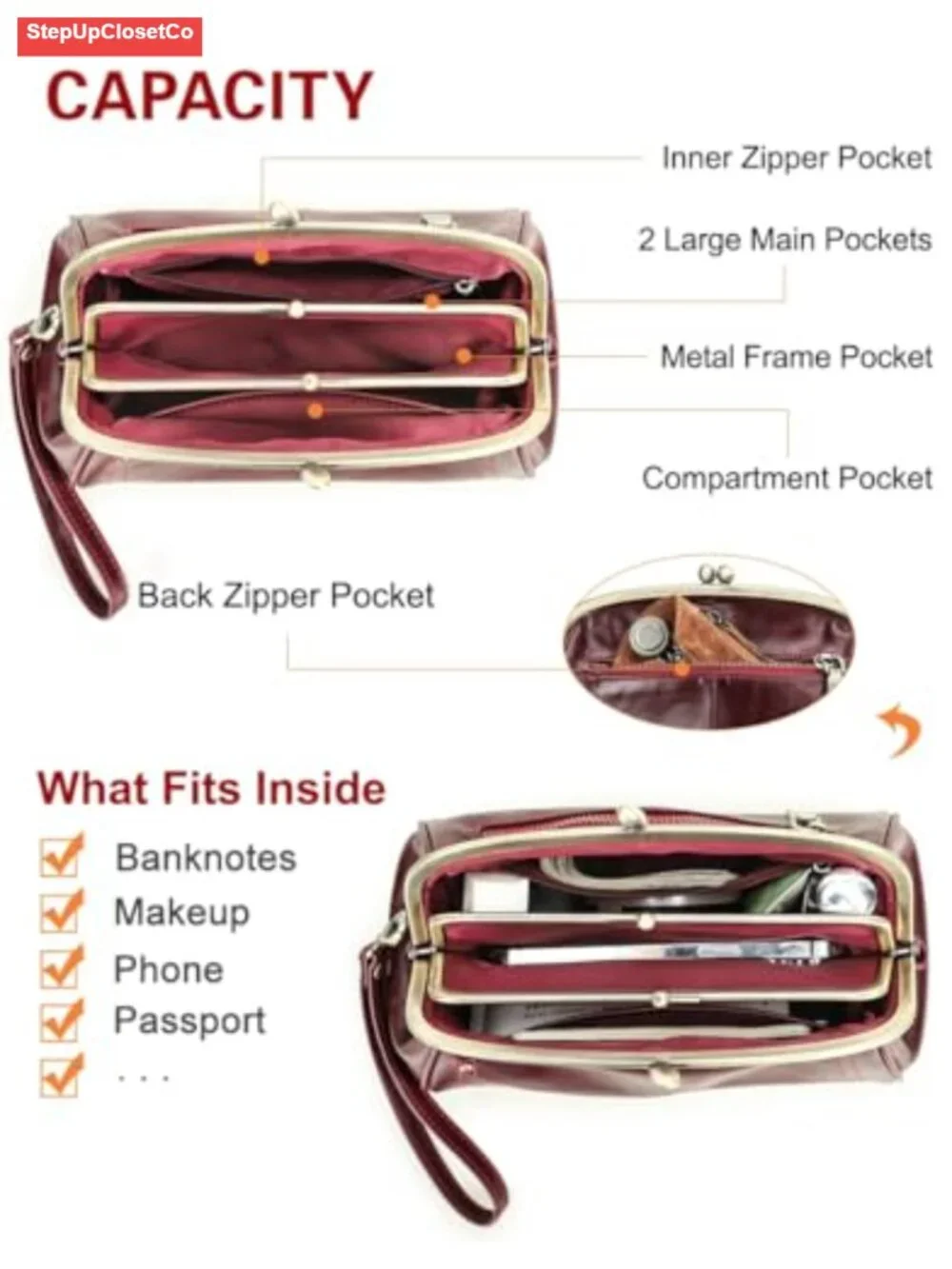 Genuine Leather Kiss Lock Clutch Bag Wristlet Evening Wedding Party